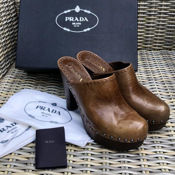 Vintage Prada Wooden Clogs 37 Mules Sandals 7 Y2K - Picture 1 of 16